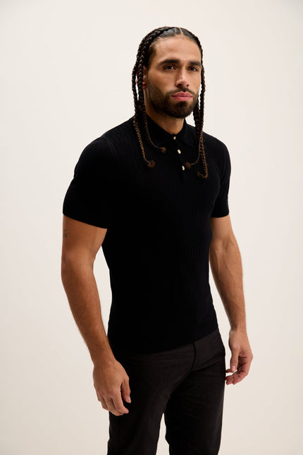 Men's Textured Short-Sleeve Polo Shirt - Black | Ron Tomson