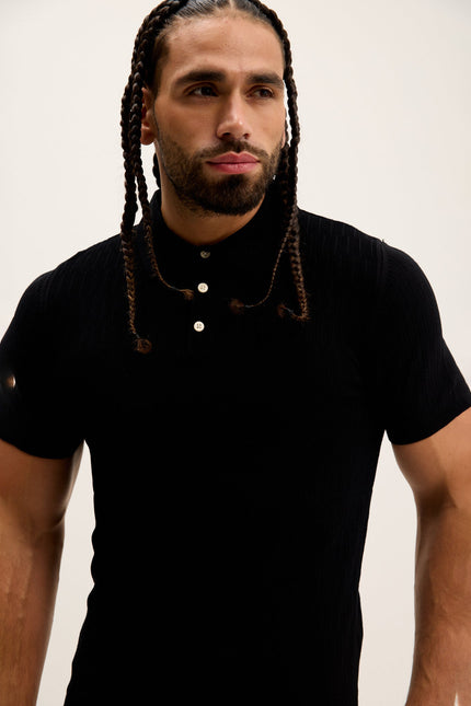 Men's Textured Short-Sleeve Polo Shirt - Black | Ron Tomson