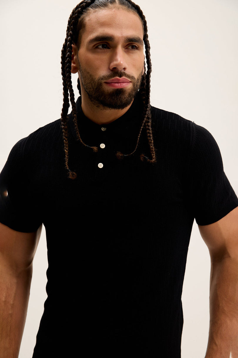 Men's Textured Short-Sleeve Polo Shirt - Black | Ron Tomson