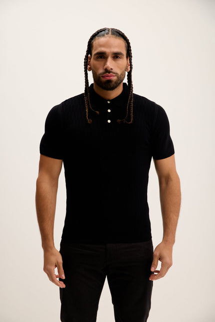 Men's Textured Short-Sleeve Polo Shirt - Black | Ron Tomson