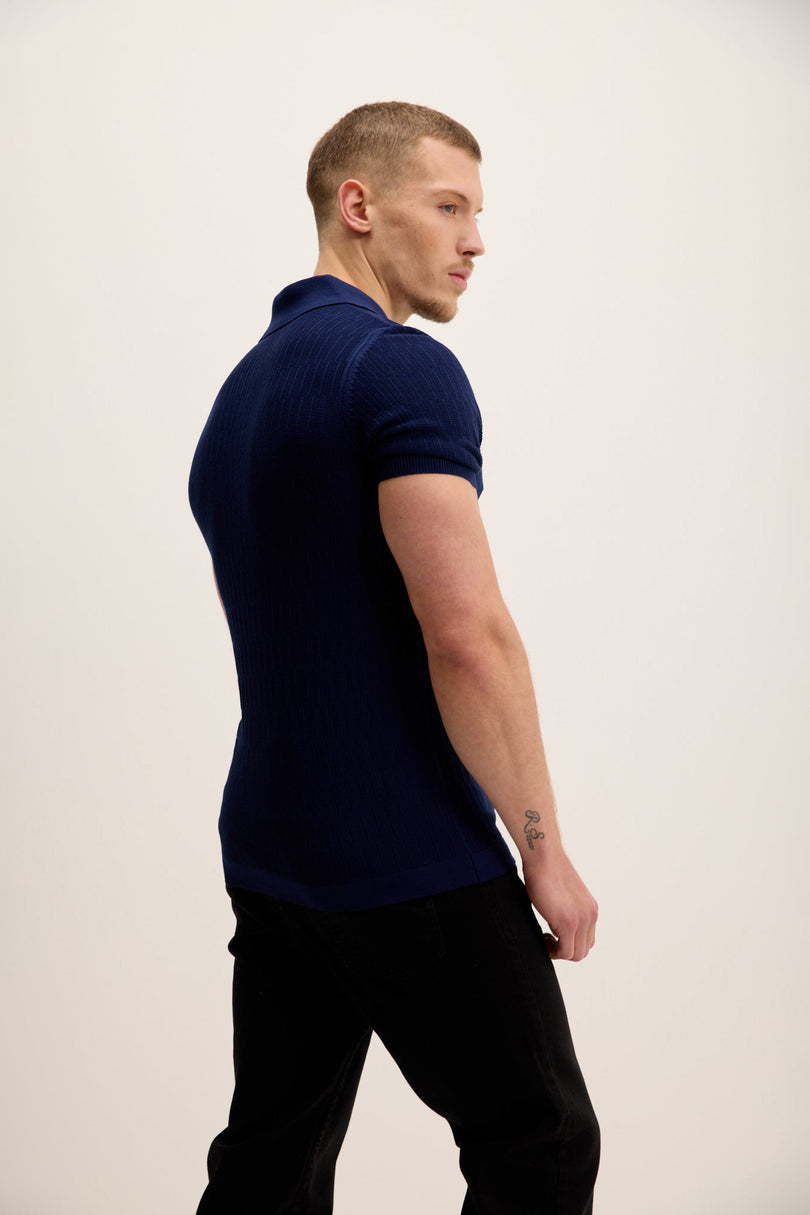 Men's Textured Short-Sleeve Polo Shirt - Navy | Ron Tomson
