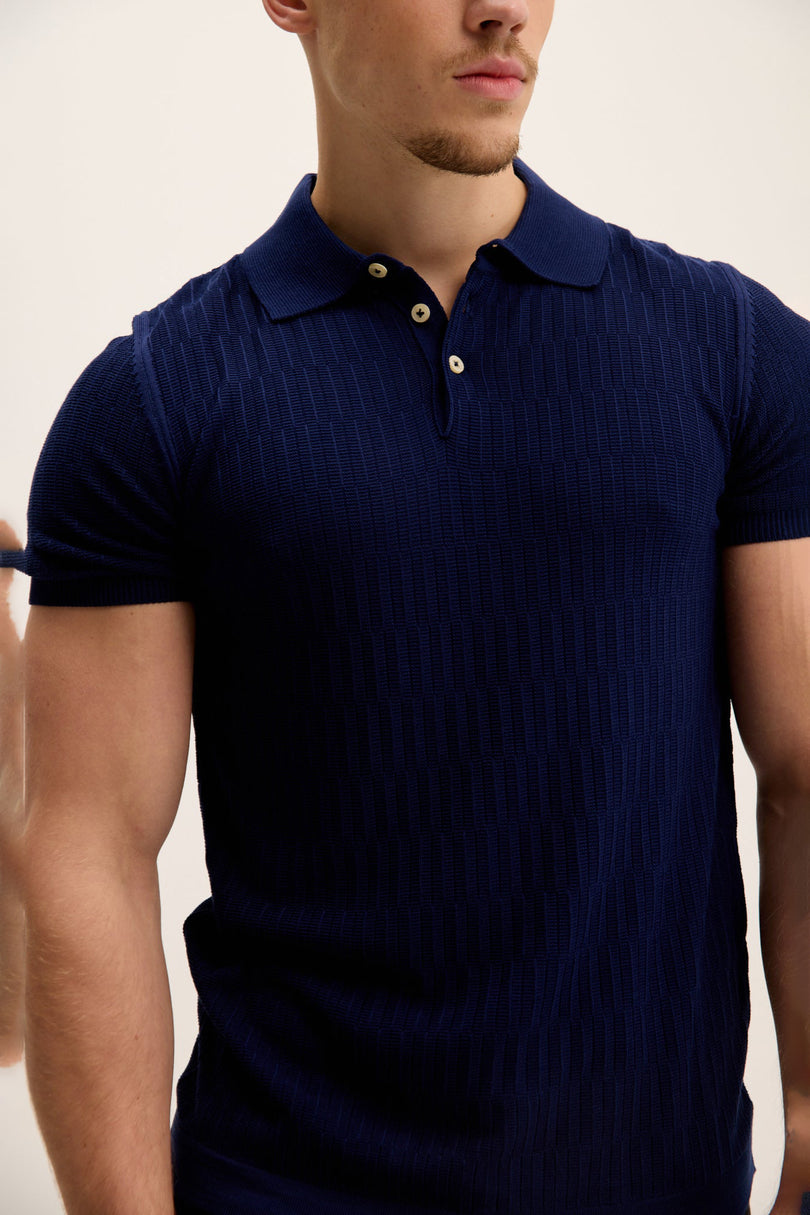 Men's Textured Short-Sleeve Polo Shirt - Navy | Ron Tomson
