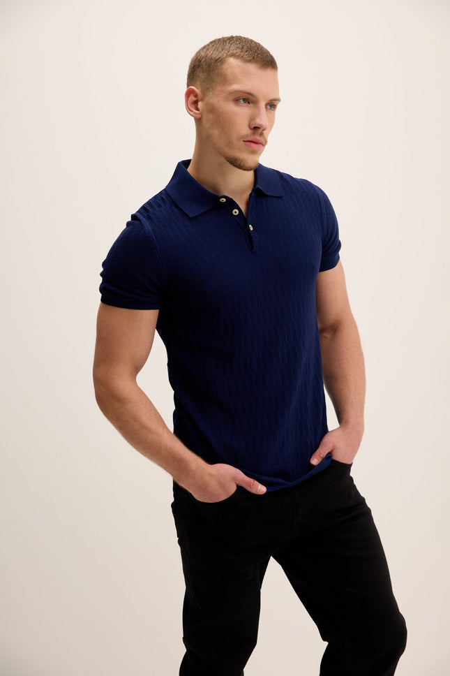 Men's Textured Short-Sleeve Polo Shirt - Navy | Ron Tomson