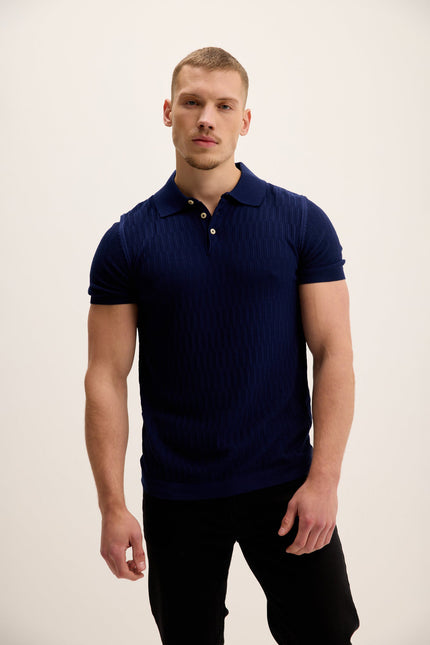 Men's Textured Short-Sleeve Polo Shirt - Navy | Ron Tomson