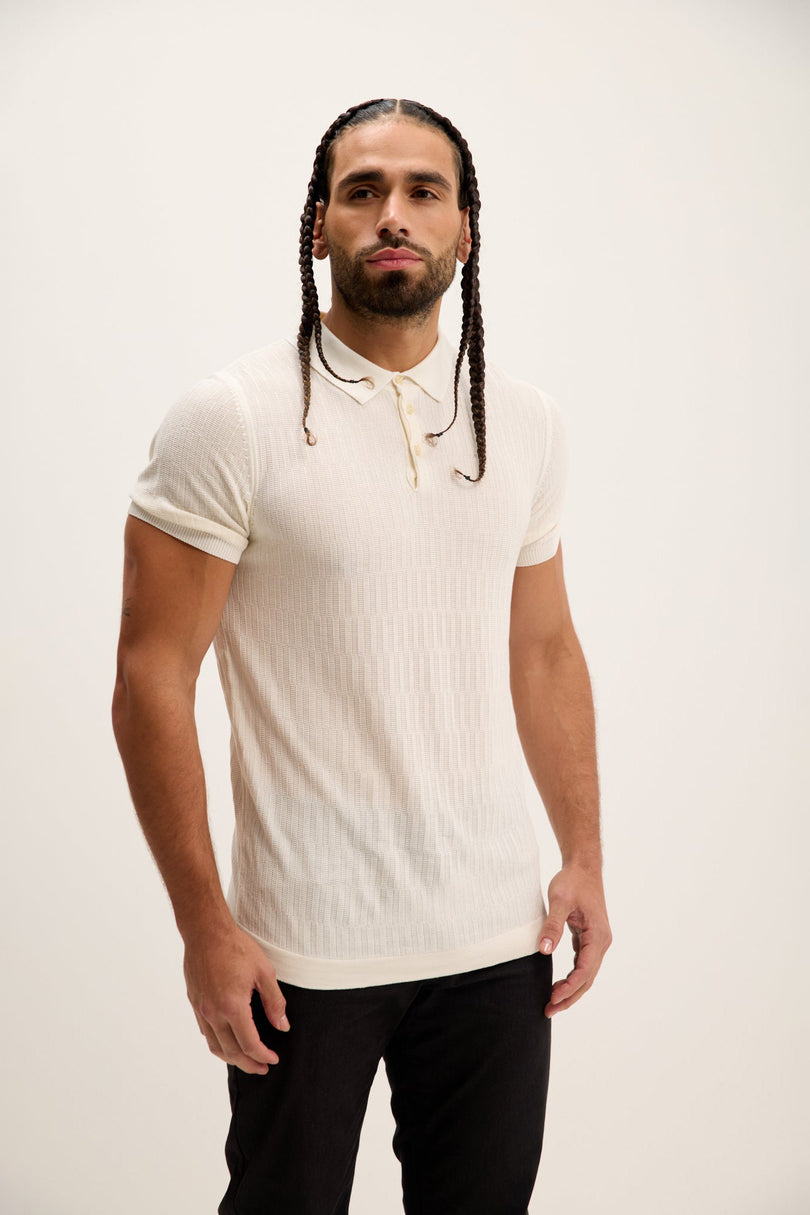Men's Textured Short-Sleeve Polo Shirt - Ecru | Ron Tomson