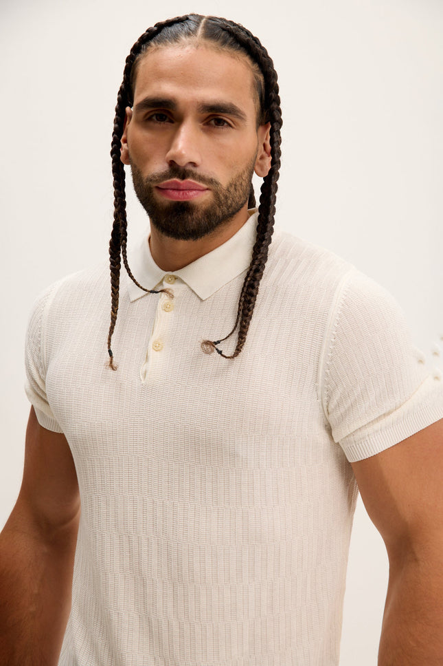 Men's Textured Short-Sleeve Polo Shirt - Ecru | Ron Tomson