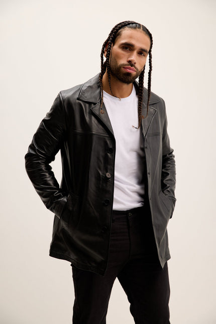 Men's Lambskin Leather Car Coat - Black | Ron Tomson