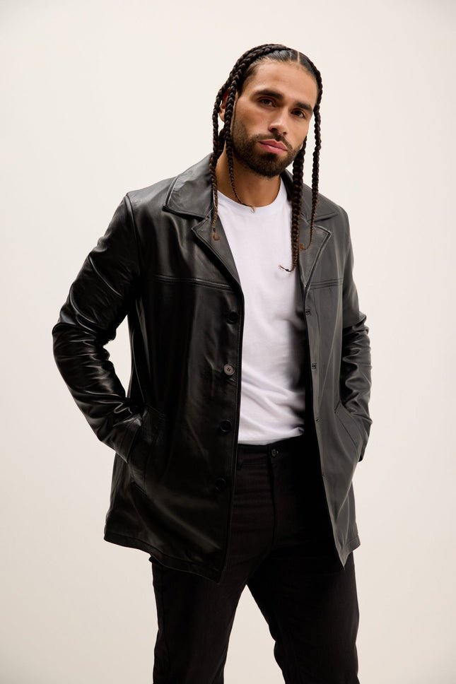 Men's Lambskin Leather Car Coat - Black | Ron Tomson