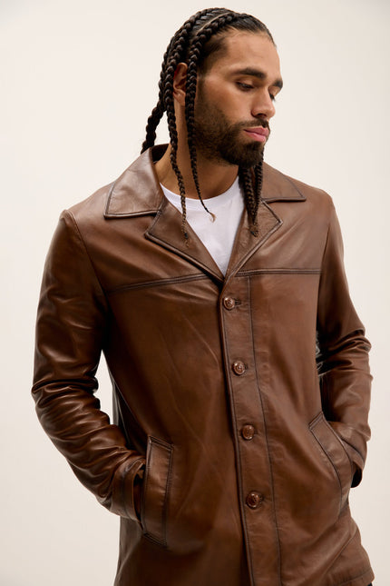 Men's Genuine Leather Car Coat - Brown Tint | Ron Tomson