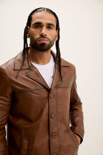 Men's Genuine Leather Car Coat - Brown Tint | Ron Tomson