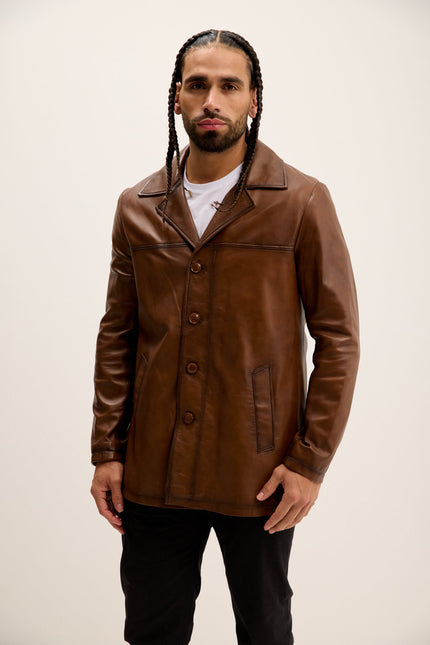 Men's Genuine Leather Car Coat - Brown Tint | Ron Tomson