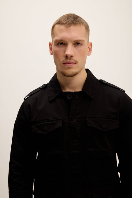 Men's Adjustable Waist Cotton Utility Jacket - Black | Ron Tomson