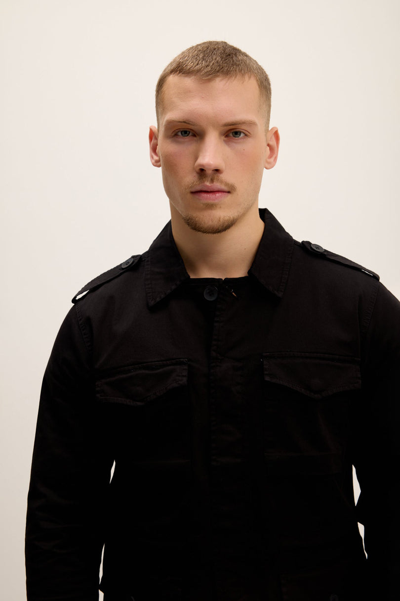 Men's Adjustable Waist Cotton Utility Jacket - Black | Ron Tomson