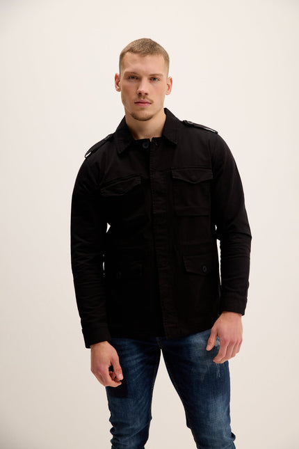Men's Adjustable Waist Cotton Utility Jacket - Black | Ron Tomson