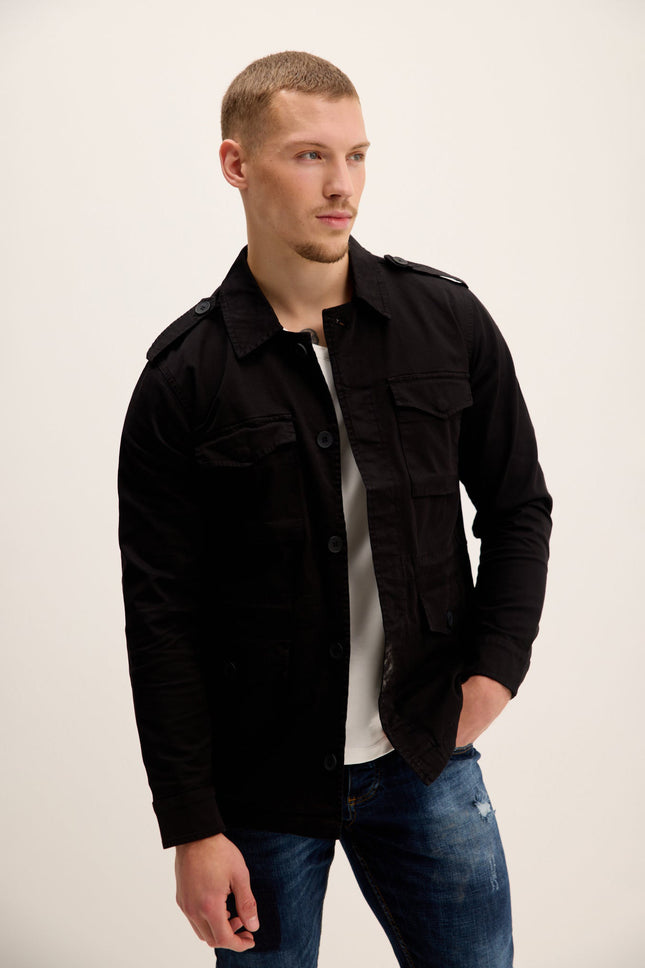 Men's Adjustable Waist Cotton Utility Jacket - Black | Ron Tomson