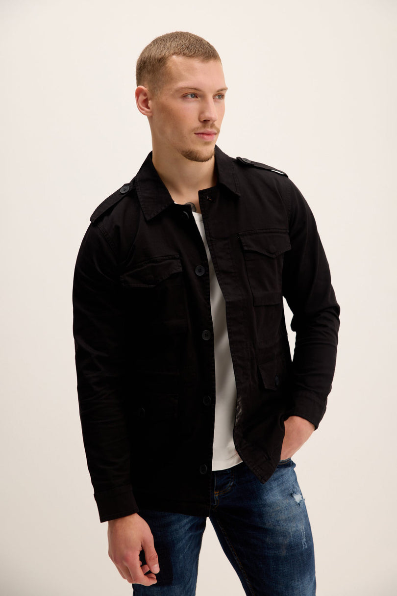 Men's Adjustable Waist Cotton Utility Jacket - Black | Ron Tomson