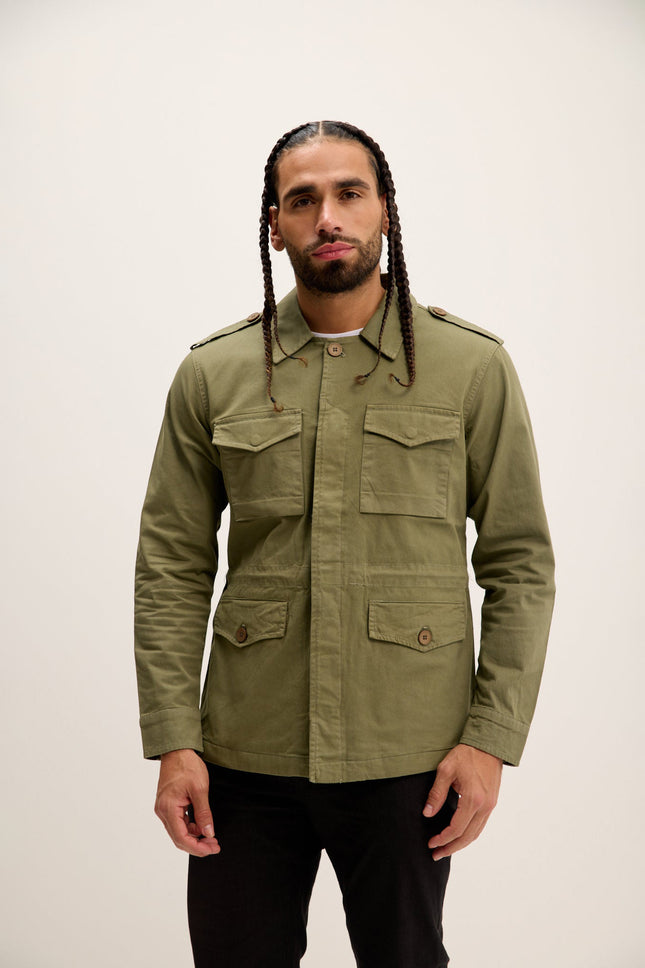 Men's Cotton Fitted Utility Jacket - Khaki | Ron Tomson