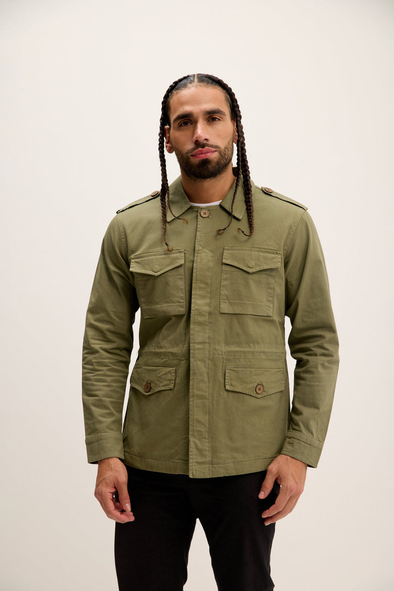 Men's Cotton Fitted Utility Jacket - Khaki | Ron Tomson