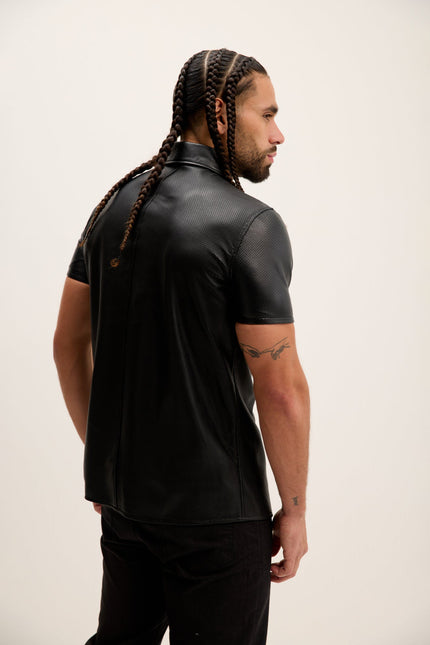 Men's Short-Sleeve Perforated Lambskin Shirt - Black | Ron Tomson