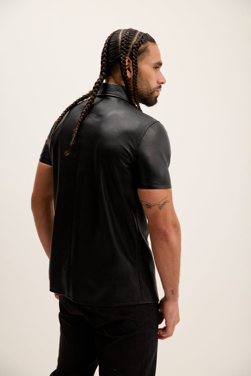 Men's Short-Sleeve Perforated Lambskin Shirt - Black | Ron Tomson