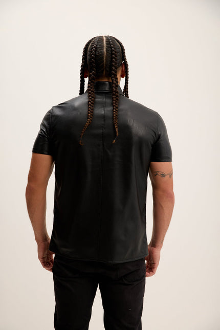 Men's Short-Sleeve Perforated Lambskin Shirt - Black | Ron Tomson