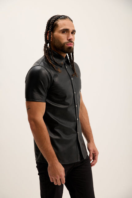 Men's Short-Sleeve Perforated Lambskin Shirt - Black | Ron Tomson