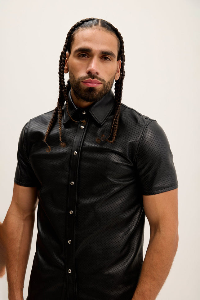 Men's Short-Sleeve Perforated Lambskin Shirt - Black | Ron Tomson
