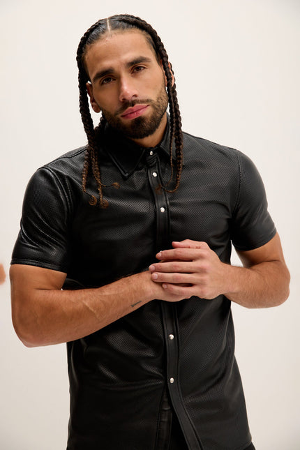 Men's Short-Sleeve Perforated Lambskin Shirt - Black | Ron Tomson
