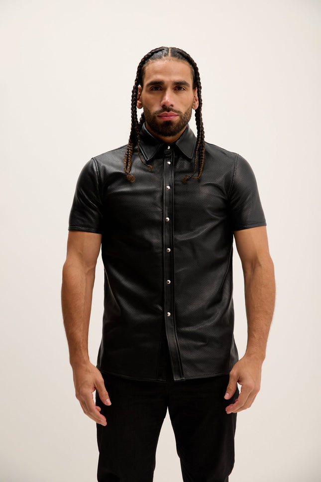 Men's Short-Sleeve Perforated Lambskin Shirt - Black | Ron Tomson