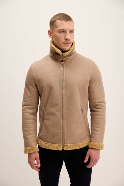 Men's Vegan Shearling Aviator Jacket - Stone | Ron Tomson