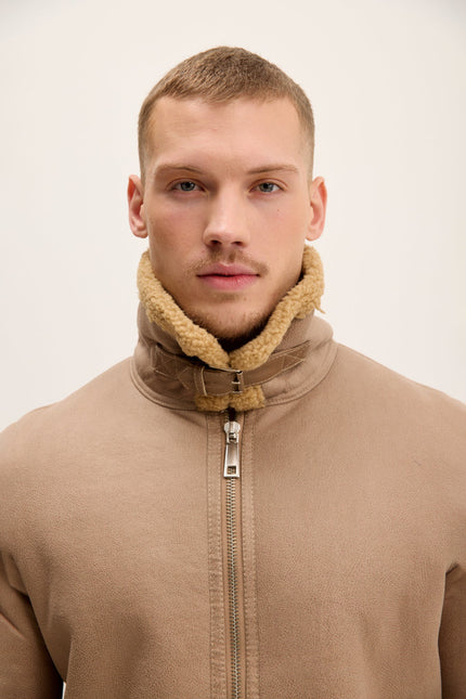 Men's Vegan Shearling Aviator Jacket - Stone | Ron Tomson