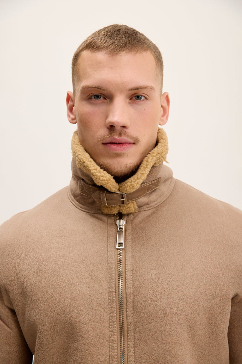Men's Vegan Shearling Aviator Jacket - Stone | Ron Tomson