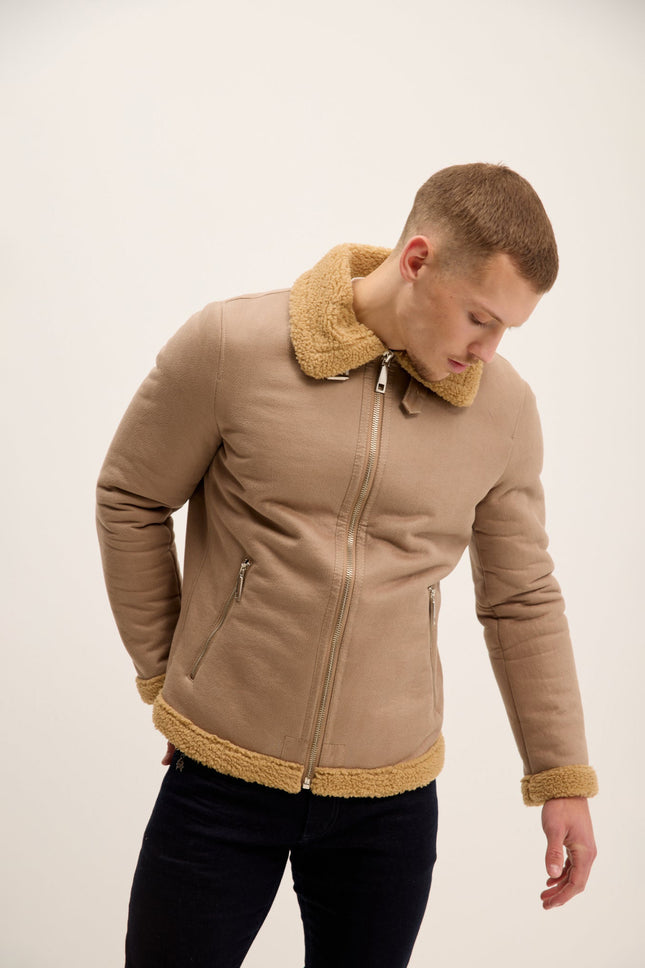 Men's Vegan Shearling Aviator Jacket - Stone | Ron Tomson