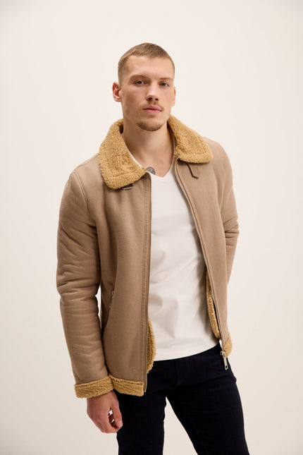 Men's Vegan Shearling Aviator Jacket - Stone | Ron Tomson
