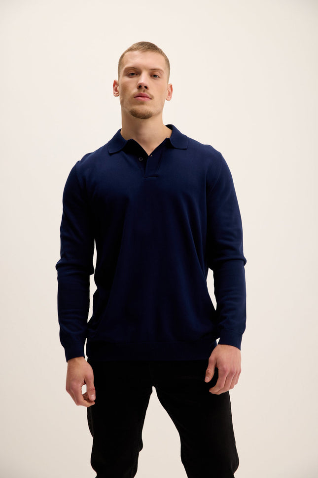 Men's Long-Sleeve Polo Sweater - Navy | Ron Tomson