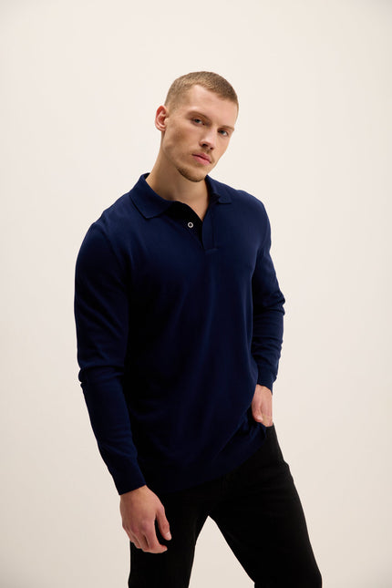 Men's Long-Sleeve Polo Sweater - Navy | Ron Tomson