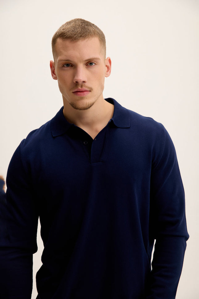 Men's Long-Sleeve Polo Sweater - Navy | Ron Tomson