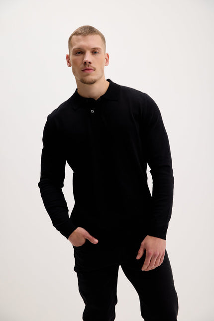 Men's Long-Sleeve Polo Sweater - Black | Ron Tomson