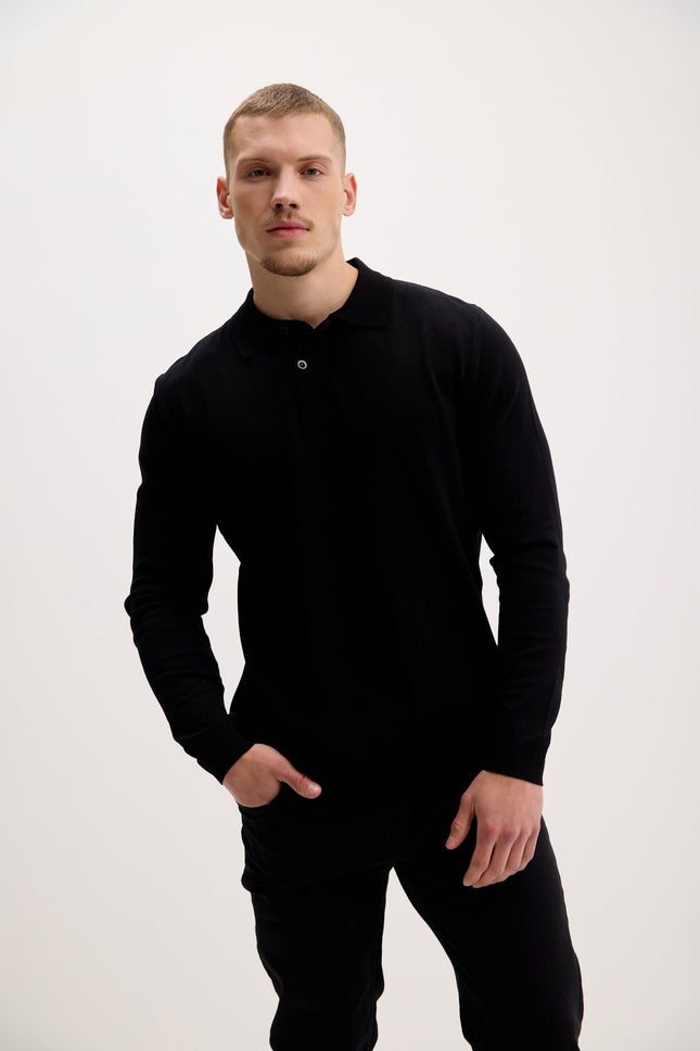 Men's Long-Sleeve Polo Sweater - Black | Ron Tomson