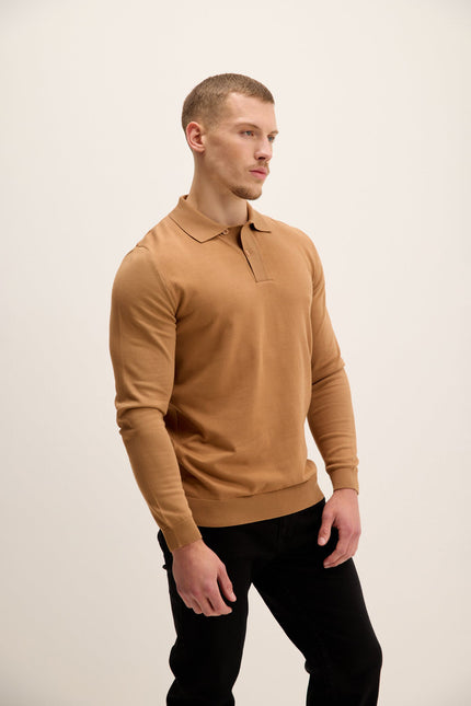 Men's Long-Sleeve Polo Sweater - Camel | Ron Tomson