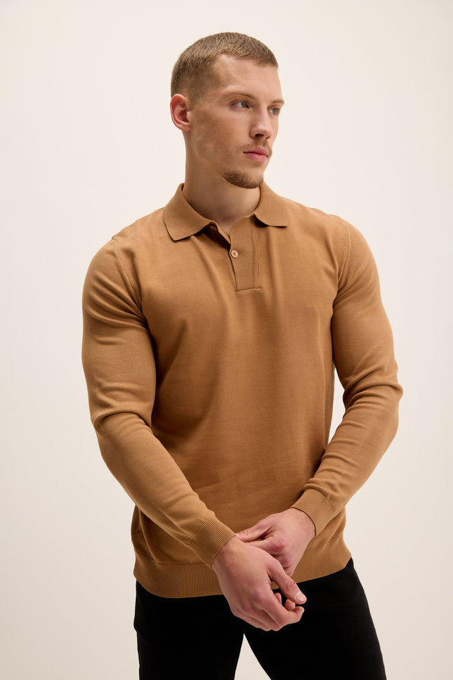 Men's Long-Sleeve Polo Sweater - Camel | Ron Tomson