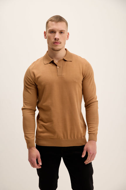 Men's Long-Sleeve Polo Sweater - Camel | Ron Tomson