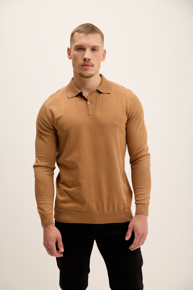 Men's Long-Sleeve Polo Sweater - Camel | Ron Tomson