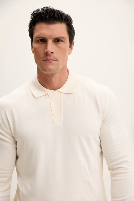 Men's Long-Sleeve Polo Sweater - Ecru | Ron Tomson