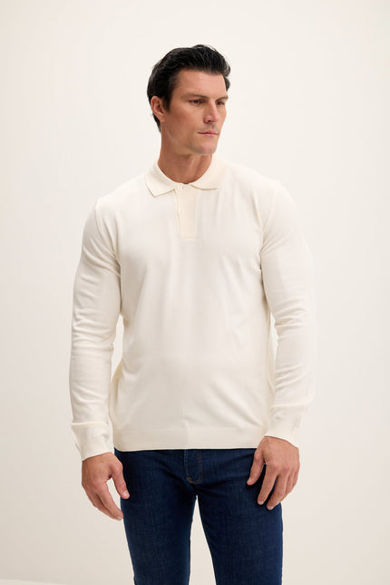 Men's Long-Sleeve Polo Sweater - Ecru | Ron Tomson