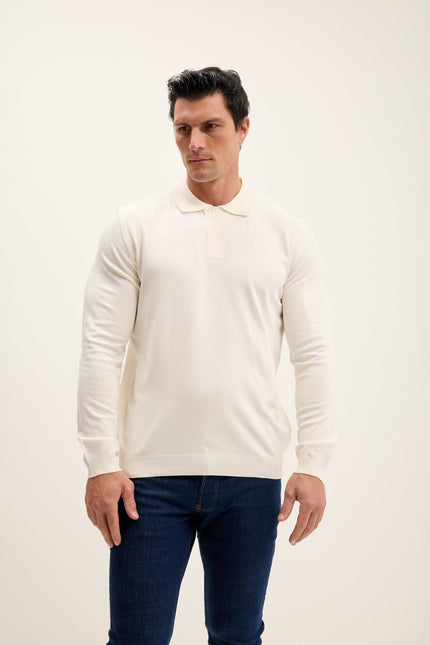 Men's Long-Sleeve Polo Sweater - Ecru | Ron Tomson