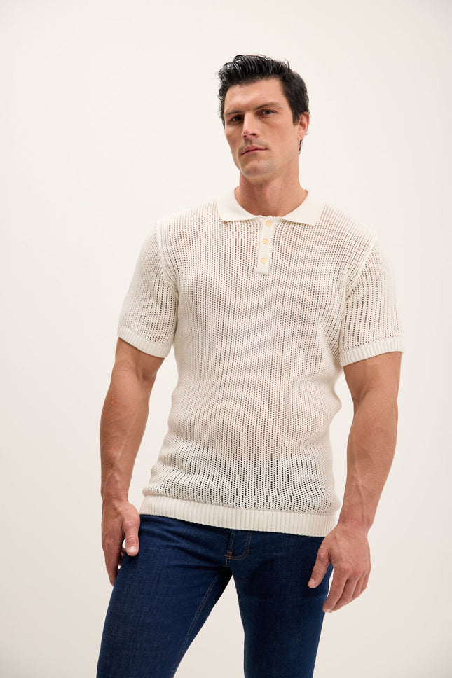 Men's Mesh Polo Shirt - Off-White | Ron Tomson