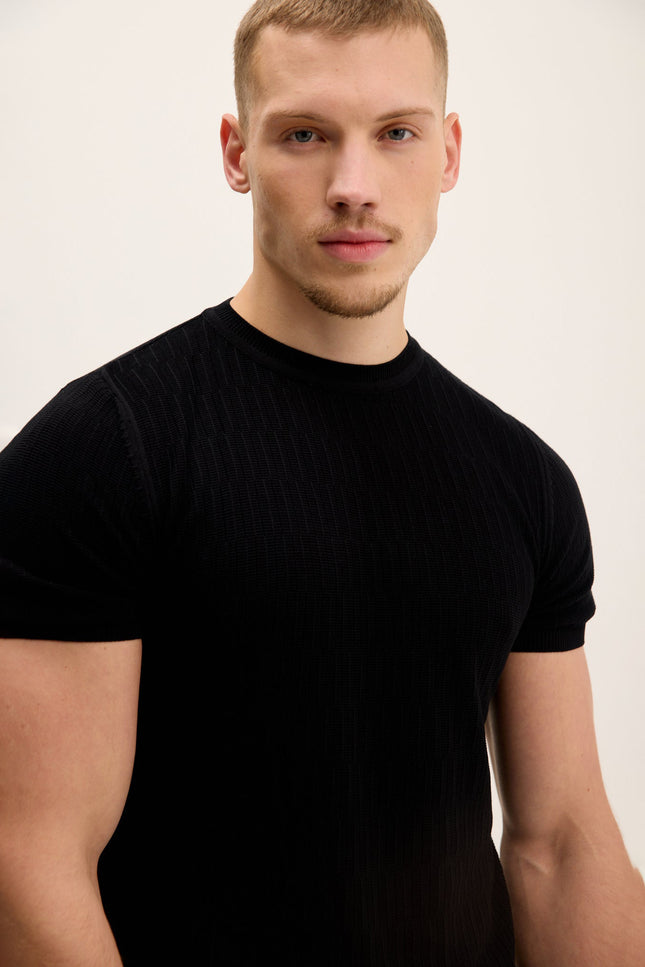Textured Crew-Neck Top - Black