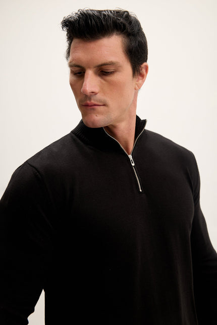 Men's Mock-Neck Ribbed Sweater - Black | Ron Tomson