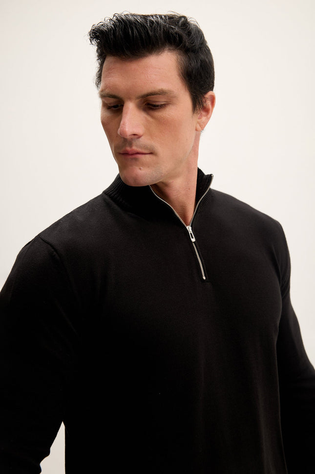 Men's Mock-Neck Ribbed Sweater - Black | Ron Tomson